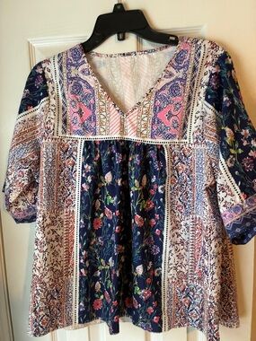 Boho Floral Mixed-Print V-Neck Peasant Top - Navy & Pink XL